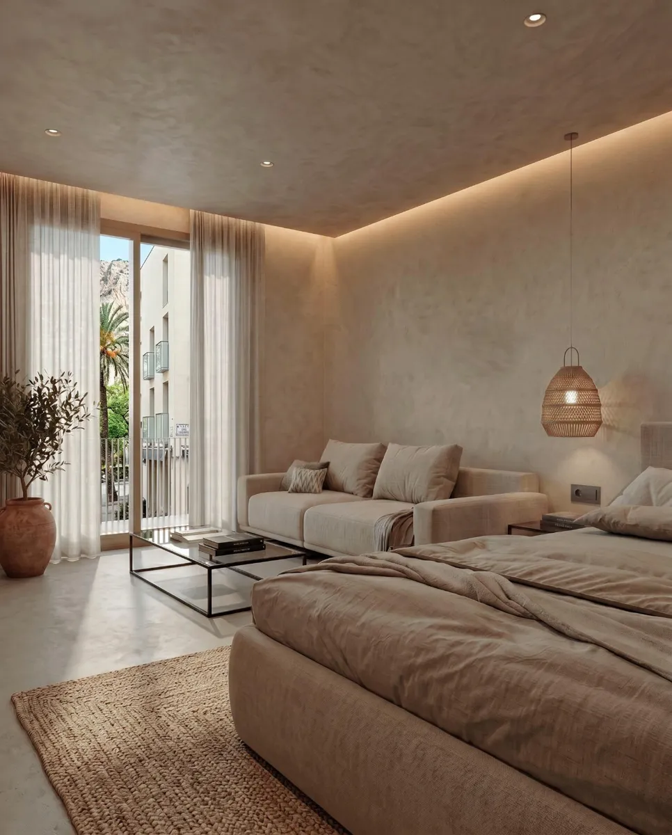 Imagen de proyecto: habitación con zona de estar y balcón a la calle